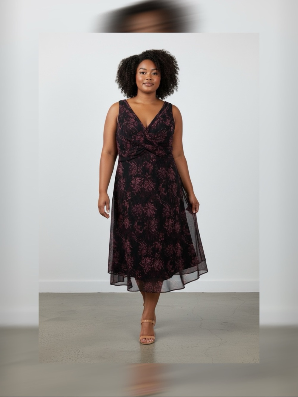 Ann Taylor Size 10 Black Burgundy Floral Sleeveless Twist Front Midi Dress